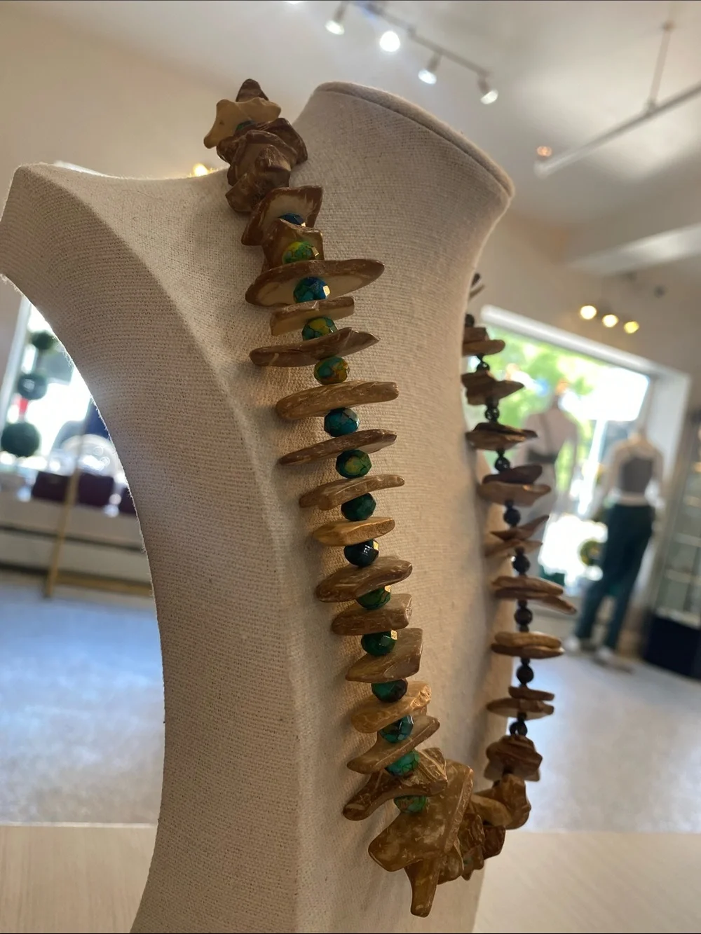 Handcrafted Natural Wood and Turquoise Bead Necklace - Women Jewelry